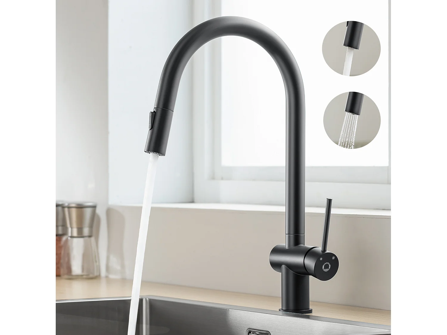 Cecipa max Schwarze Quarzspüle, 50 x 45 cm, Einzelbecken, Quarzspüle, Granit-Küchenspüle + Mischbatterie mit ausziehbarer Brause, mit 2 Arten von Tiefschwarz