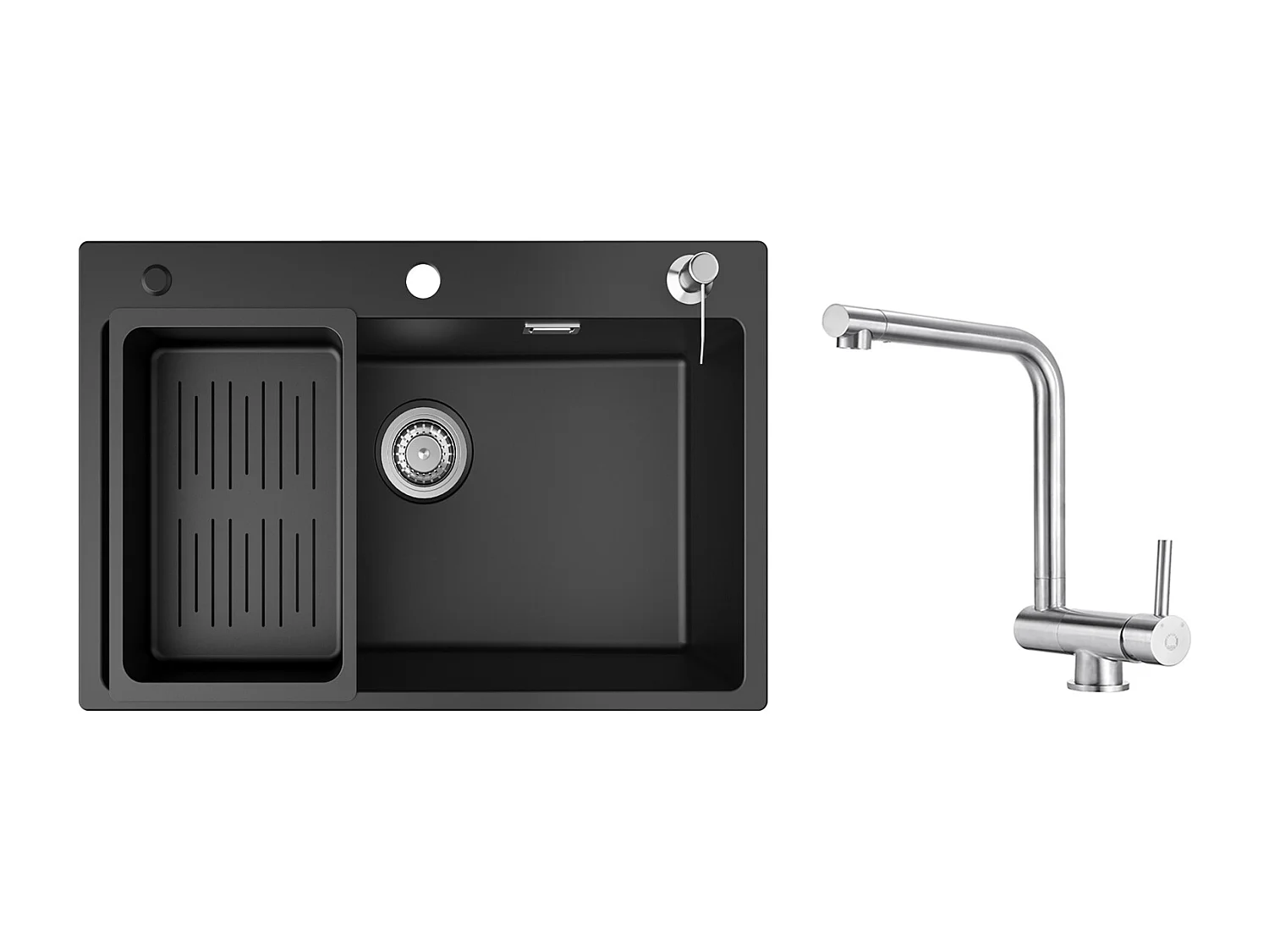 Evier 1 Bac 70x45 cm Noir Evier en Quartz et Résine avec Panier de Vidange et Distributeur de Savon + Mitigeur de Cuisine Rabattable Brossé