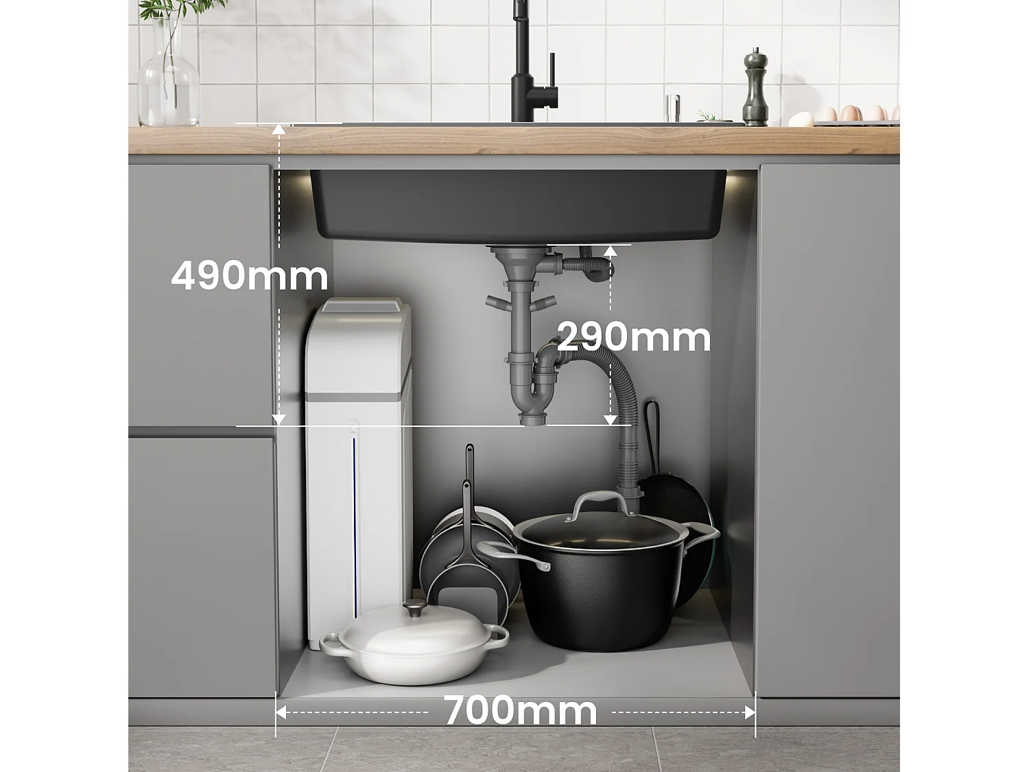 Evier 1 Bac 70x45 cm Noir Evier en Quartz et Résine avec Panier de Vidange et Distributeur de Savon + Mitigeur de Cuisine Rabattable Brossé