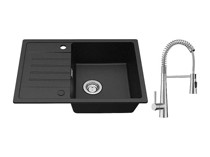 Cecipa max Evier 1 Bac avec Egouttoir, Evier en Quartz et résine Noir 65x45cm + Mitigeur de Cuisine à Ressort avec 3 Modes de Sortie D'eau, Brossé