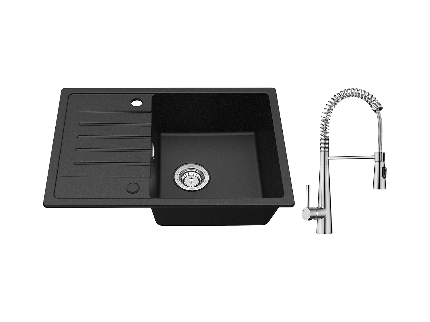 Cecipa max Evier 1 Bac avec Egouttoir, Evier en Quartz et résine Noir 65x45cm + Mitigeur de Cuisine à Ressort avec 3 Modes de Sortie D'eau, Brossé