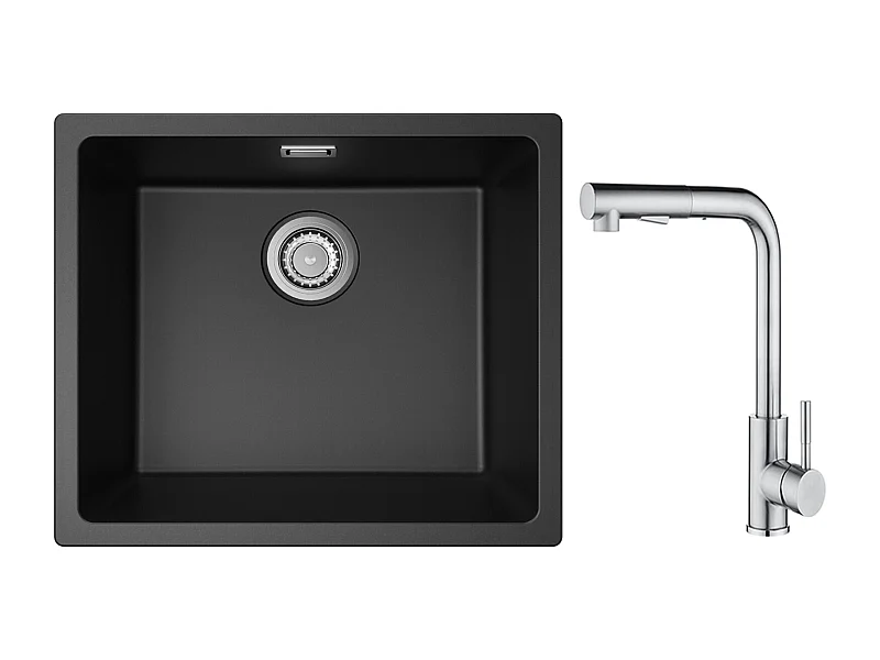 CECIPA MAX Evier 1 Bac en Quartz et Résine Noir Gris 50*44*20cm + Mitigeur Cuisine Brossé avec Douchette Extractible - 2 Jets aux Choix