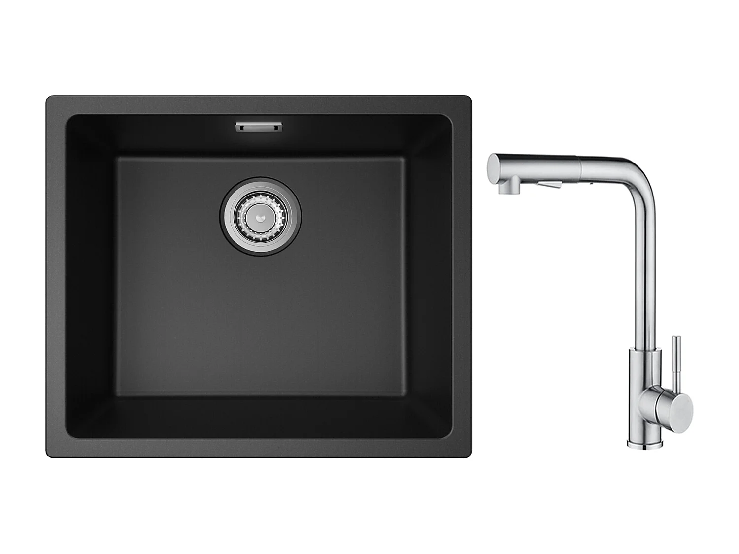 CECIPA MAX Evier 1 Bac en Quartz et Résine Noir Gris 50*44*20cm + Mitigeur Cuisine Brossé avec Douchette Extractible - 2 Jets aux Choix