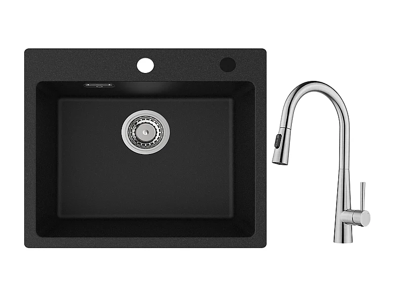 Cecipa max Evier Quartz Noir 50x45cm Evier 1 Bac en Quartz et Résine + Mitigeur Cuisine avec Douchette Extractible, 3 Modes de Sortie D'eau, Brossé