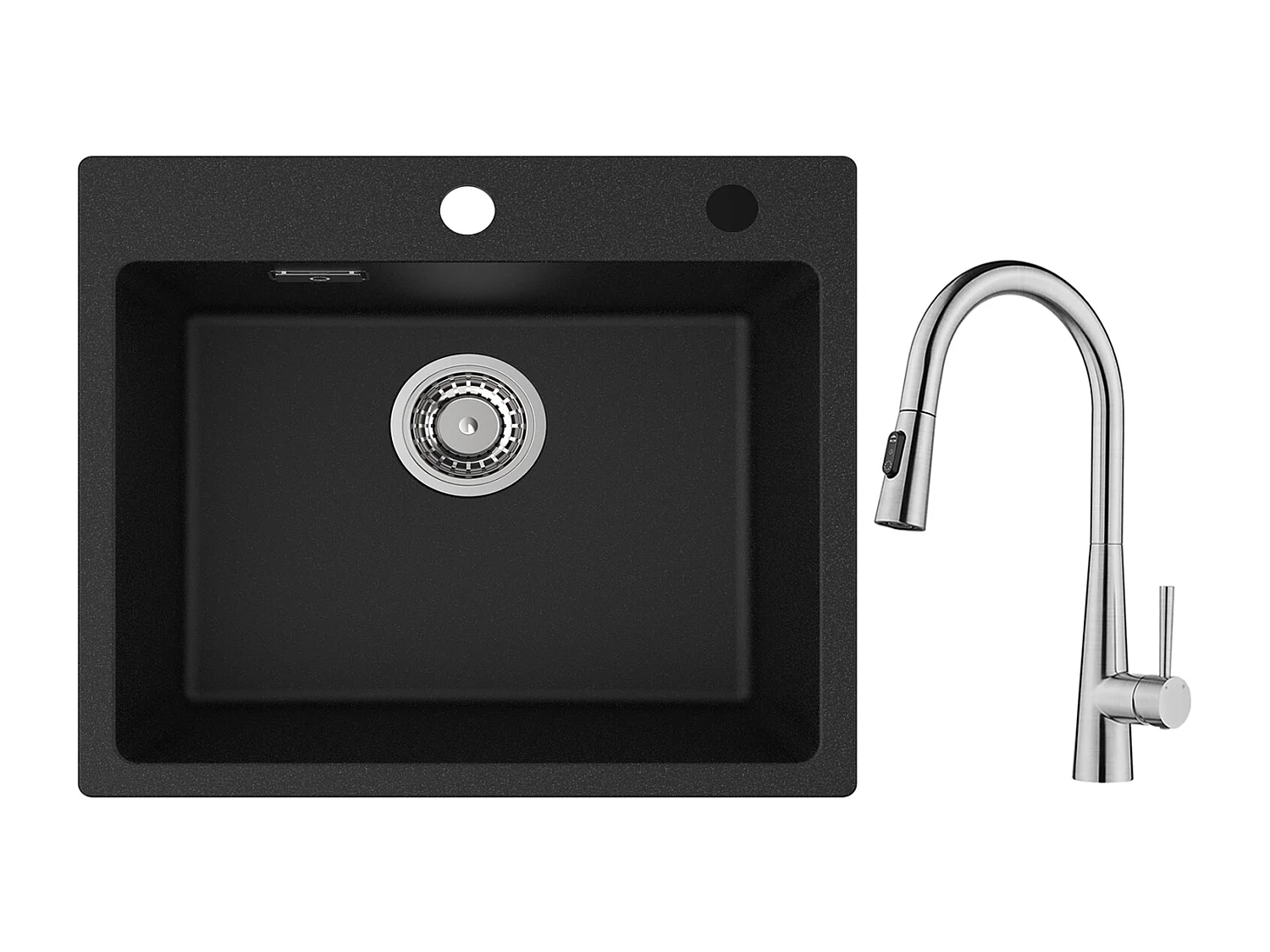 Cecipa max Evier Quartz Noir 50x45cm Evier 1 Bac en Quartz et Résine + Mitigeur Cuisine avec Douchette Extractible, 3 Modes de Sortie D'eau, Brossé