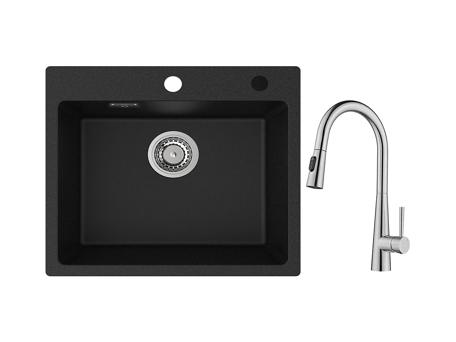 Cecipa max Lavello Quarzo Nero 50x45cm Lavello 1 Vasca in Quarzo e Resina + Miscelatore Cucina con Doccia Estraibile, 3 Modalità di Uscita Acqua, Spazzolato
