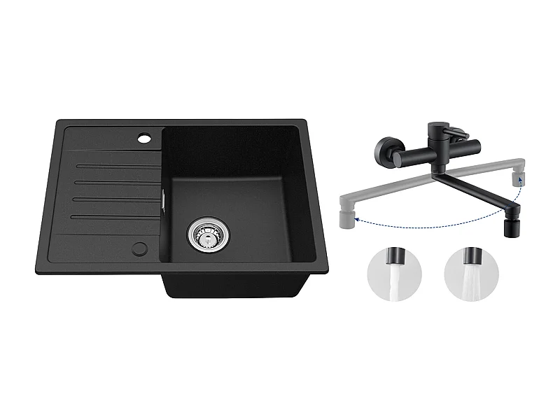 Noir Evier à Encastrer 1 Bac avec Egouttoir, Quartz et Résine, 65x45cm + Mitigeur de Cuisine Mural avec 2 Jets Noir