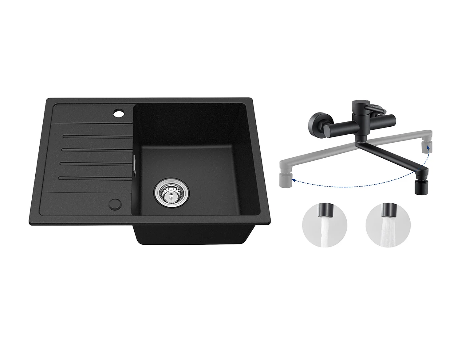Nero Lavello Incasso 1 vasca con gocciolatoio, Quarzo e Resina, 65x45 cm + Miscelatore cucina a parete con 2 getti Nero