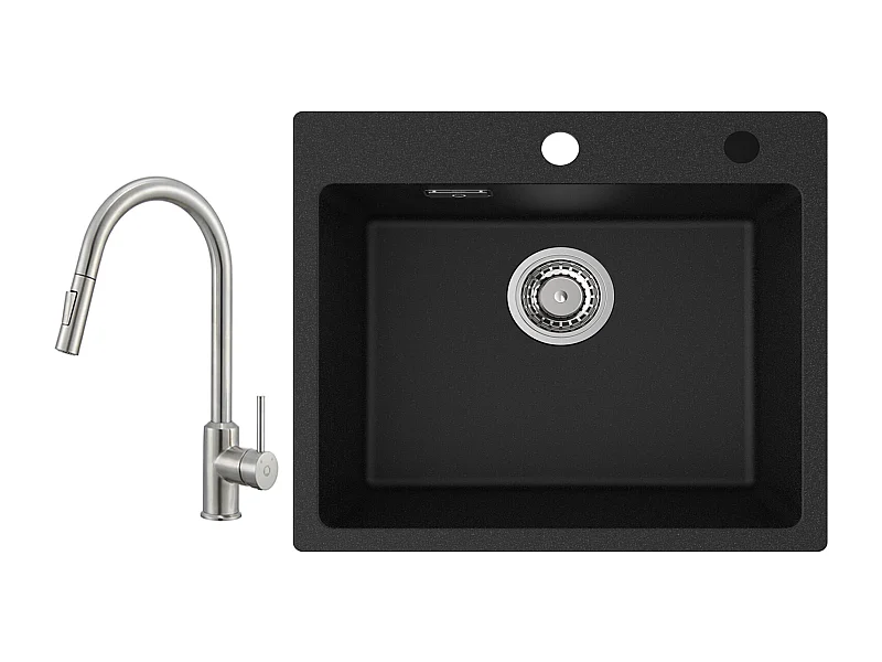 Cecipa max Evier Quartz Noir 50x45cm Evier 1 Bac en Quartz Evier de Cuisine en Granit + Mitigeur avec Douchette Extractible - 2 Modes de Sortie D'eau