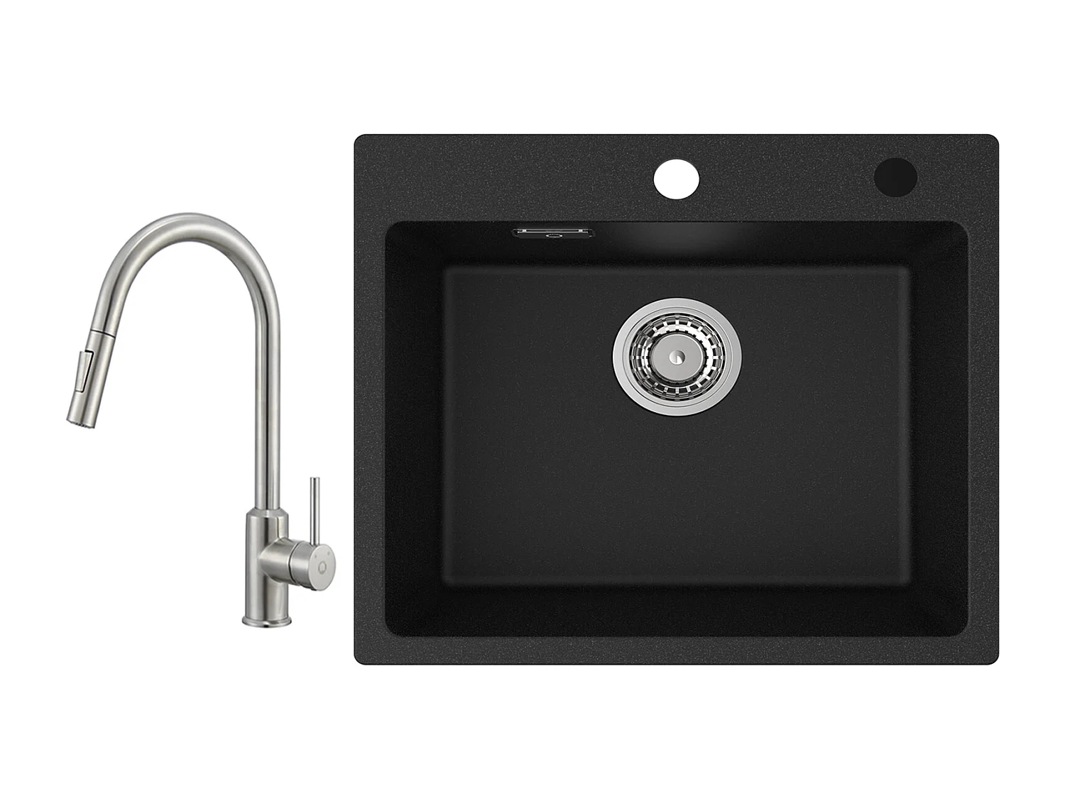 Cecipa max, schwarze Quarzspüle, 50 x 45 cm, Einzelbecken, Quarzspüle, Granit-Küchenspüle + Mischbatterie mit ausziehbarer Brause – 2 Wasserauslassmodi