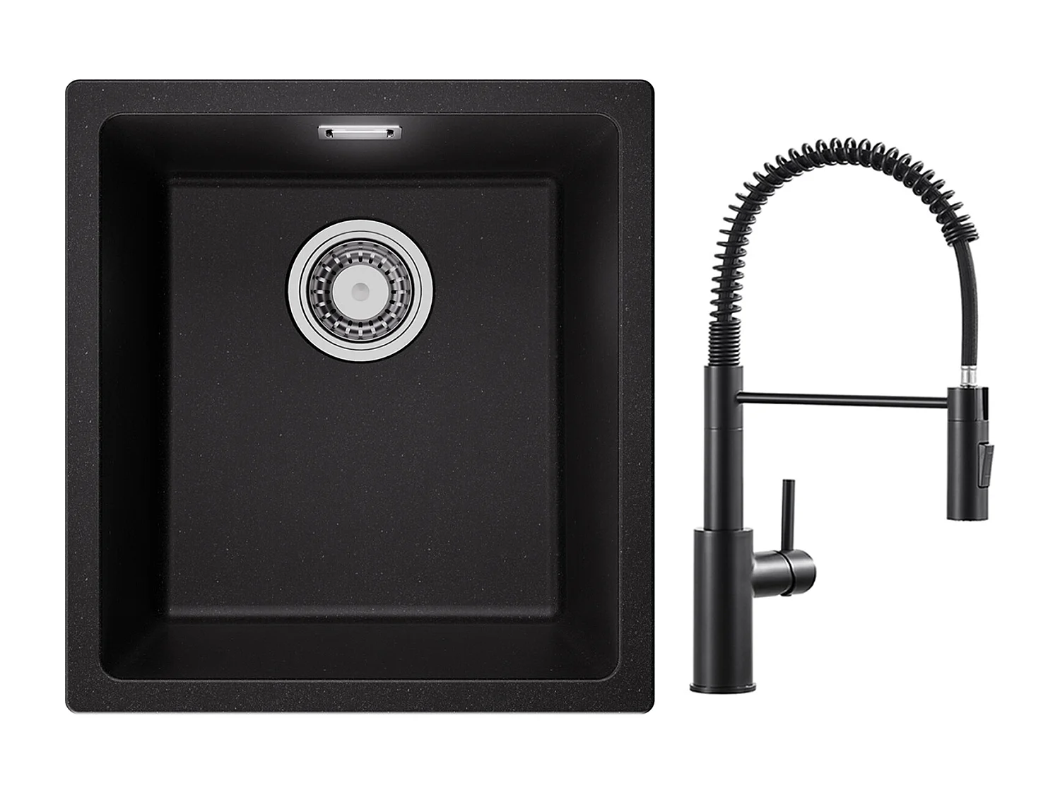 CECIPA MAX Evier 1 Bac en Quartz et Résine Noir Gris 40*44*20cm + Mitigeur de Cuisine à Ressort Noir avec Douchette Extractible