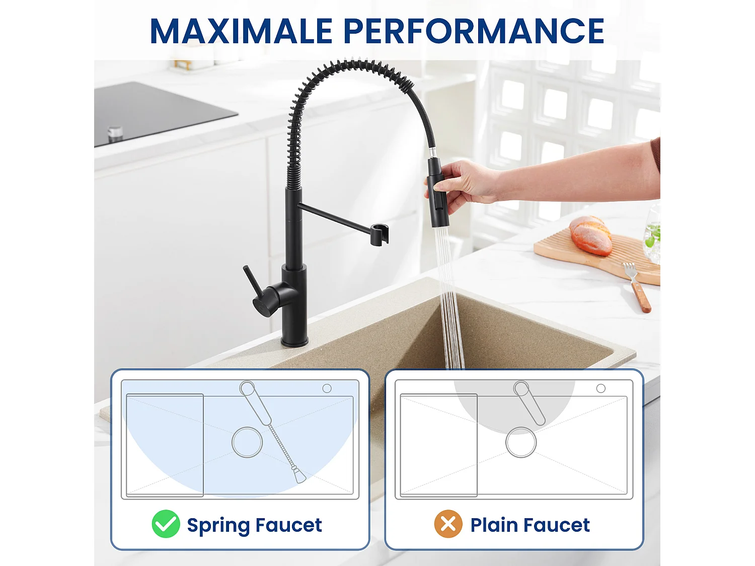 CECIPA MAX Evier 1 Bac en Quartz et Résine Noir Gris 40*44*20cm + Mitigeur de Cuisine à Ressort Noir avec Douchette Extractible