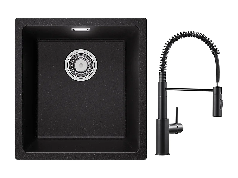 CECIPA MAX Evier 1 Bac en Quartz et Résine Noir Gris 40*44*20cm + Mitigeur de Cuisine à Ressort Noir avec Douchette Extractible