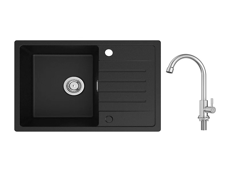 Evier 1 Bac en Quartz et Résine - Noir Evier avec Egouttoir 78x45cm + Robinet de Cuisine à eau Froide,Brossé