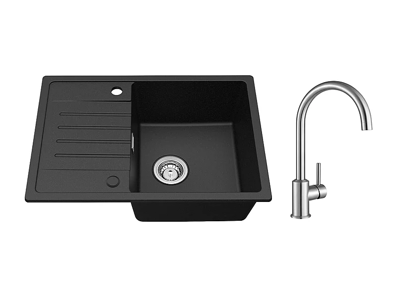 Noir Evier à Encastrer 1 Bac avec Egouttoir, Quartz et Résine, 65x45cm + Mitigeur de Cuisine en Inox Brossé