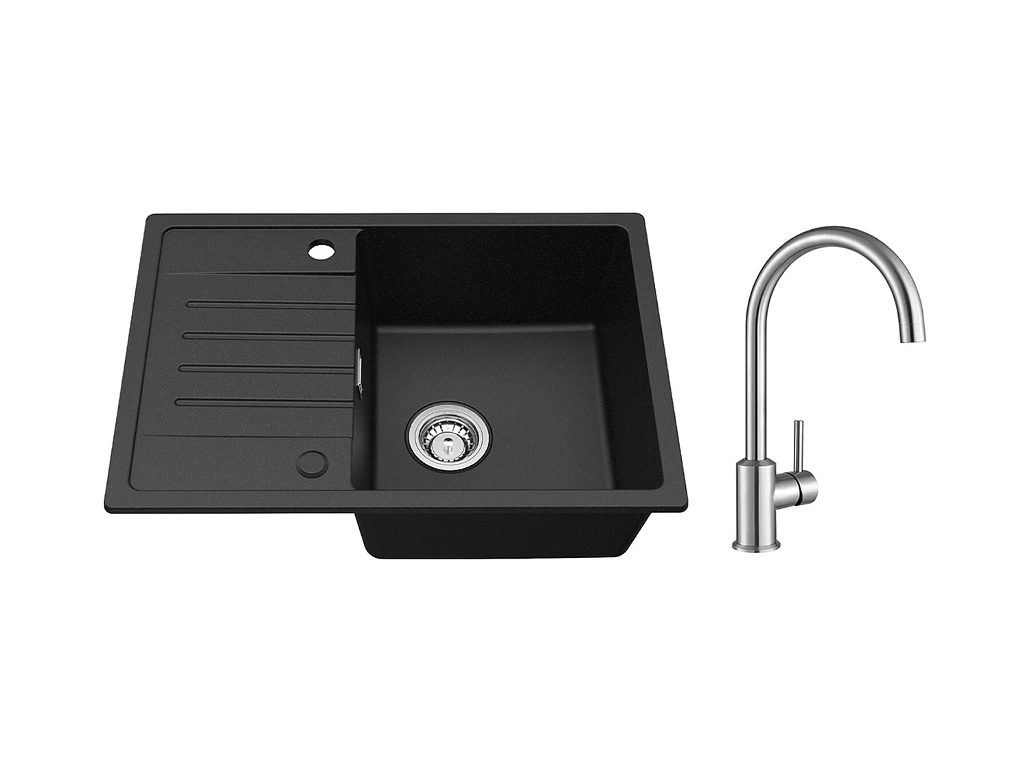 Noir Evier à Encastrer 1 Bac avec Egouttoir, Quartz et Résine, 65x45cm + Mitigeur de Cuisine en Inox Brossé