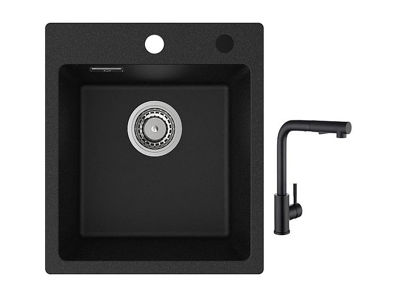 Cecipa max 40x45cm Evier de Cuisine en Quartz et Résine Evier Quartz 1 Bac Noir + Noir Mitigeur avec Douchette Extractible 2 Modes de pulvérisat