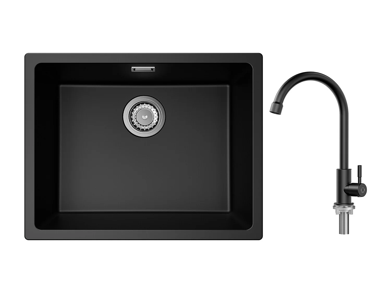 Evier 1 Bac en Quartz et Résine, 3 Options de Montage, 55*44*20cm + Robinet de Cuisine à eau Froide,Noir