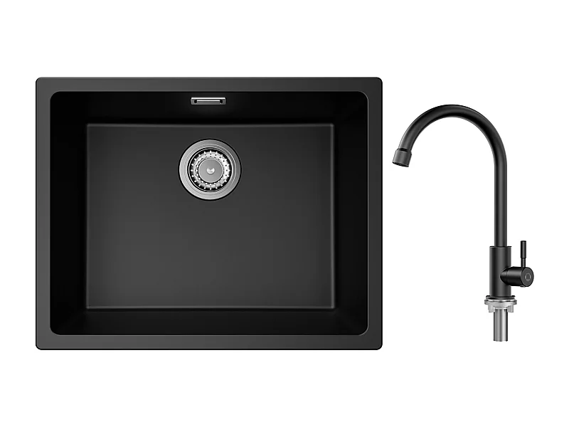 Evier 1 Bac en Quartz et Résine, 3 Options de Montage, 55*44*20cm + Robinet de Cuisine à eau Froide,Noir