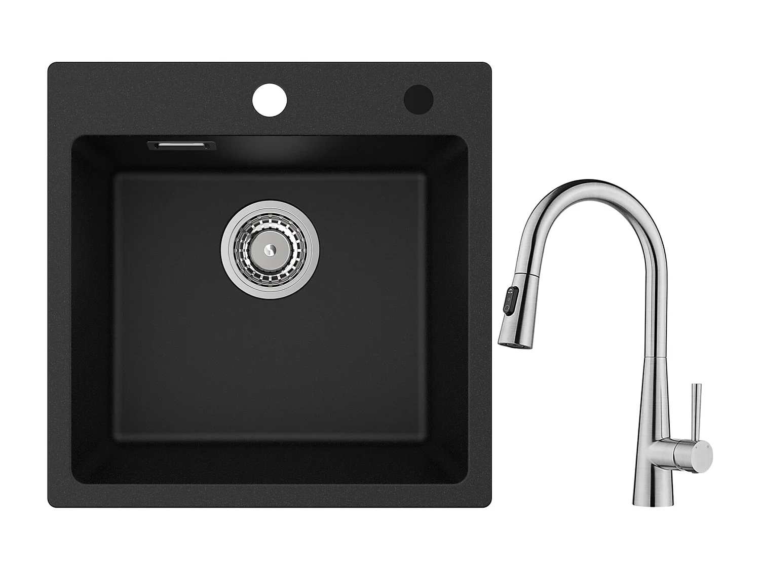 Cecipa max Evier Quartz Noir 45x45 cm Evier 1 Bac en Quartz et Résine + Mitigeur Cuisine avec Douchette Extractible, 3 Modes de Sortie D'eau, Brossé