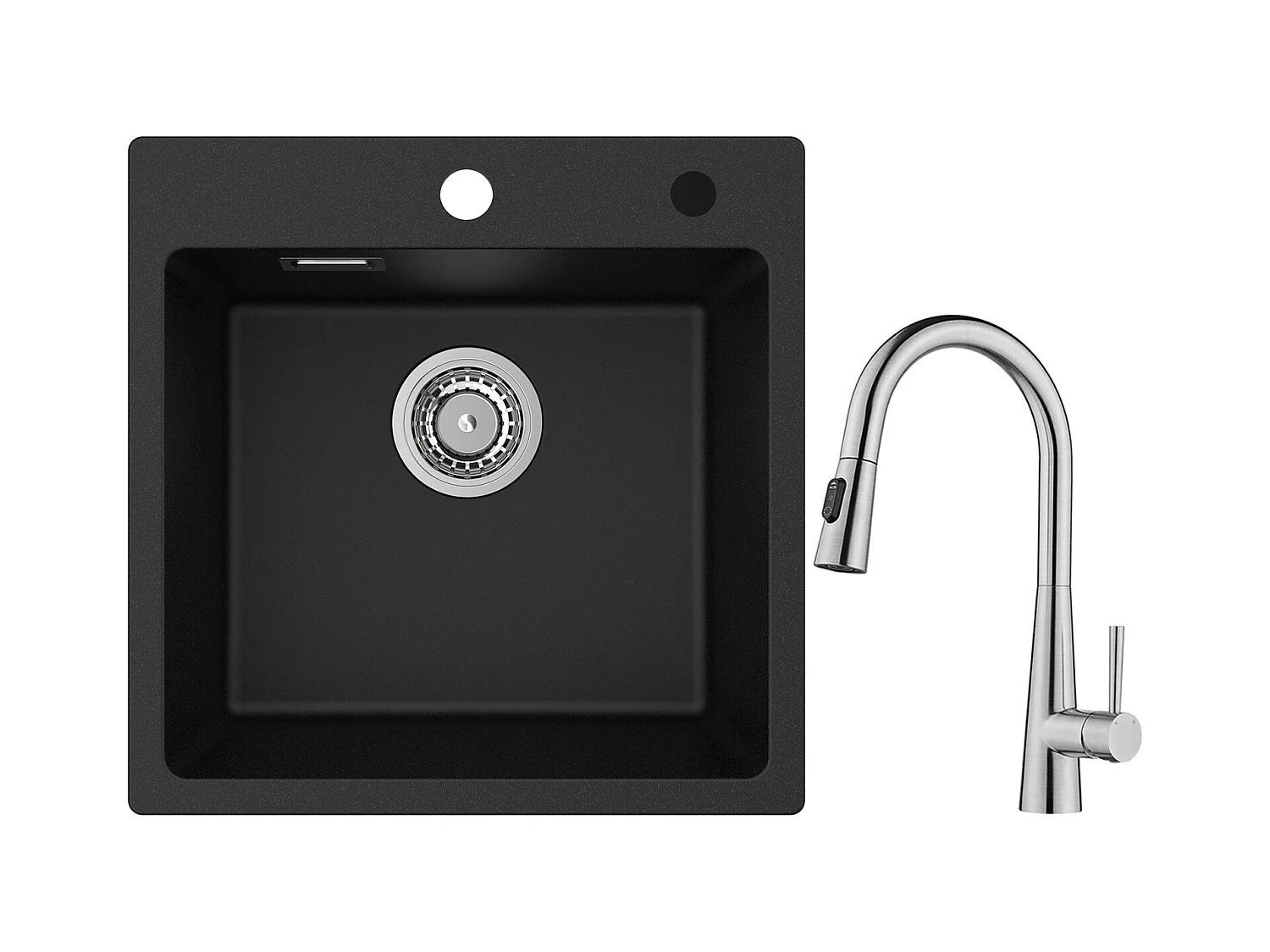 Cecipa max Evier Quartz Noir 45x45 cm Evier 1 Bac en Quartz et Résine + Mitigeur Cuisine avec Douchette Extractible, 3 Modes de Sortie D'eau, Brossé