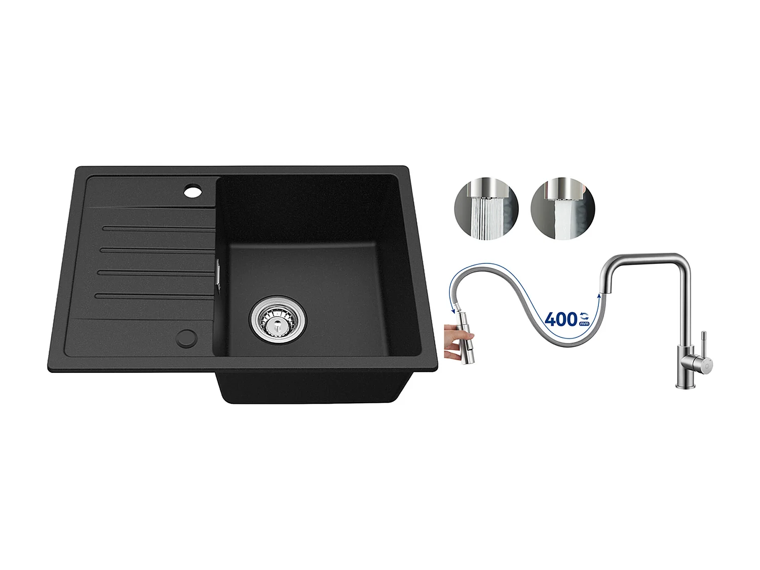 Noir Evier à Encastrer 1 Bac avec Egouttoir, Quartz et Résine, 65x45cm + Mitigeur avec Douchette Extractible, Brossé