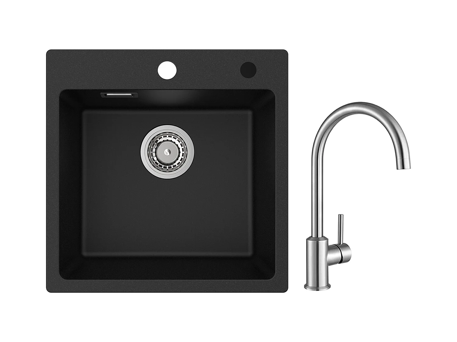 Cecipa MAX Evier 1 Bac en Quartz et Résine Noir 45x45cm Evier à Encastrer + Mitigeur de Cuisine en Inox Brossé