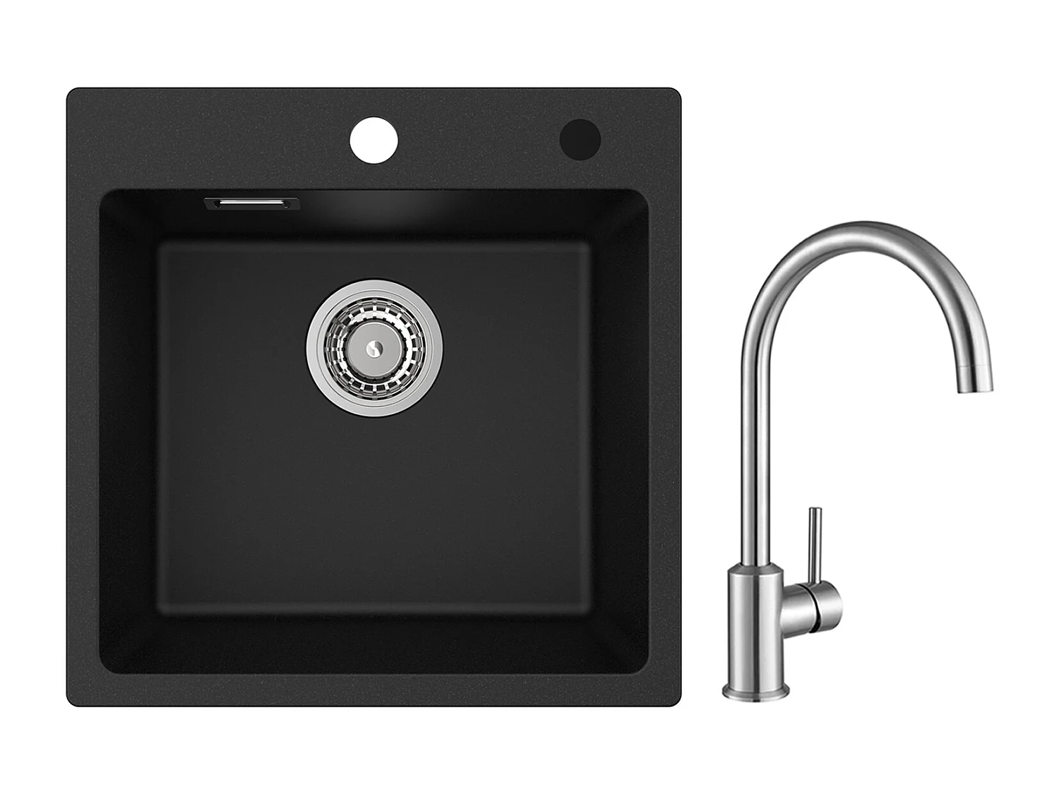 Cecipa MAX Spoelbak 1 Kom in Kwarts en Zwarte Hars 45x45cm Ingebouwde Spoelbak + Geborsteld RVS Keukenmengkraan