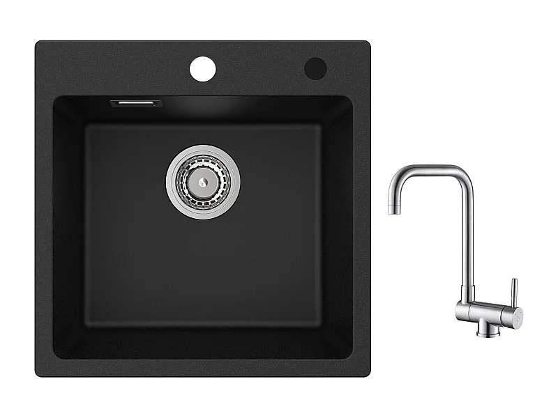 Cecipa max 45x45cm zwarte quartz spoelbak 1 spoelbak in kwarts en hars keukenspoelbak + opvouwbare keukenkraan geborsteld opvouwbare spoelbakmengkraan