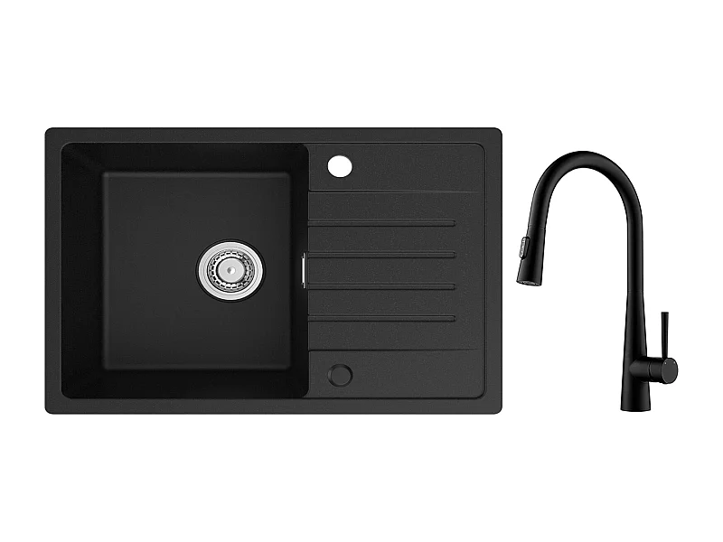 Cecipa max Einzelspüle mit Abtropffläche, 78 x 45 cm, Quarz- und Kunstharzspüle in Schwarz + Mischbatterie mit ausziehbarer Brause, 3 Wasserauslassmodi, Schwarz