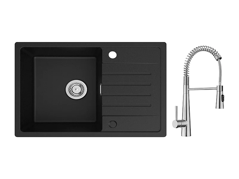Cecipa max Evier 1 Bac avec Egouttoir, 78x45cm Evier en Quartz et résine Noir + Mitigeur de Cuisine à Ressort avec 3 Modes de Sortie D'eau, Brossé