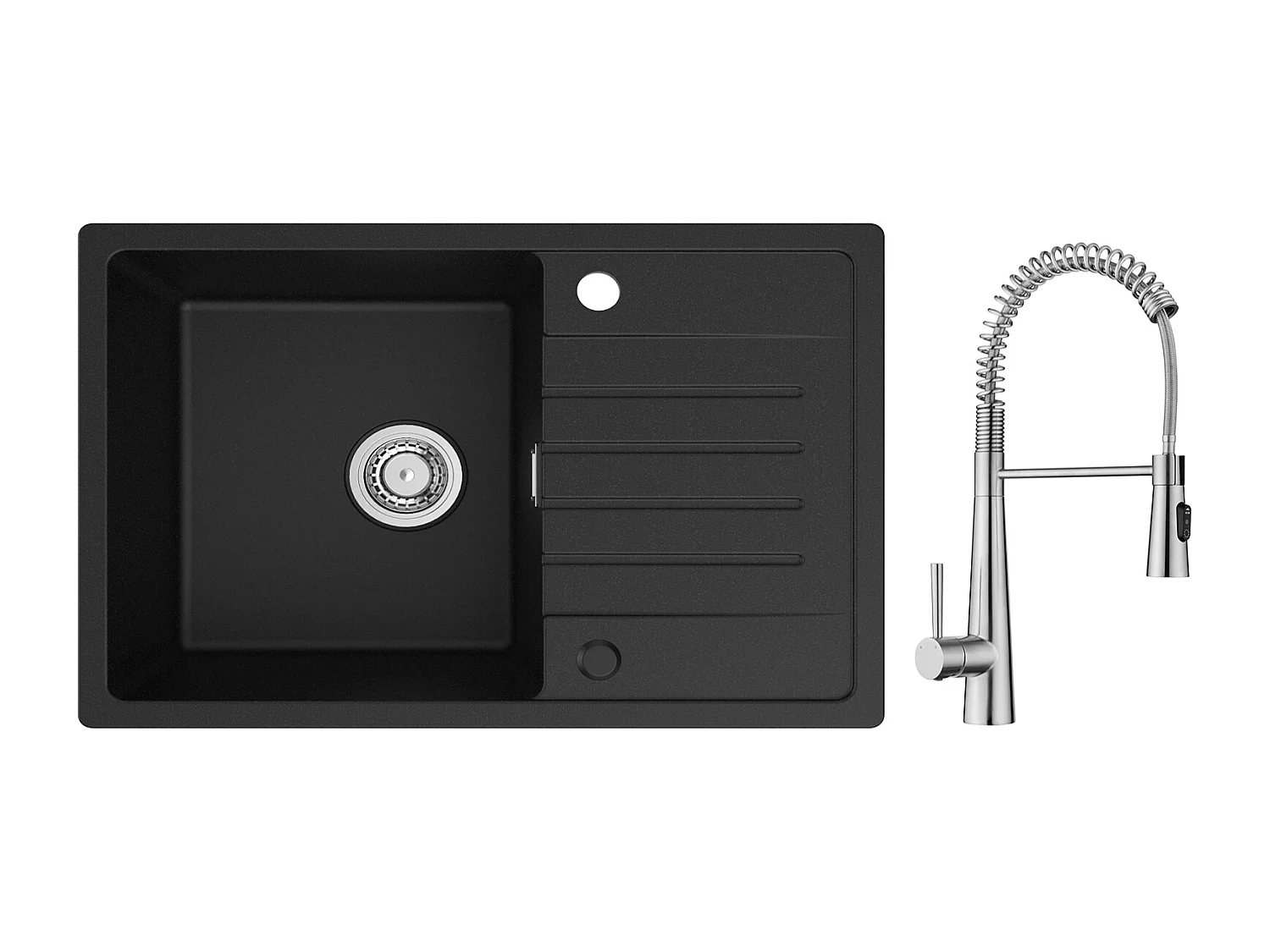Cecipa max Evier 1 Bac avec Egouttoir, 78x45cm Evier en Quartz et résine Noir + Mitigeur de Cuisine à Ressort avec 3 Modes de Sortie D'eau, Brossé