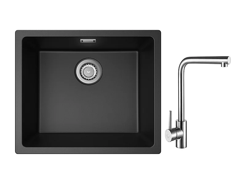 Evier 1 Bac en Quartz et Résine, 3 Options de Montage, 50*44*20cm + Mitigeur de Evier Rrotatif à 360 ° Brossé