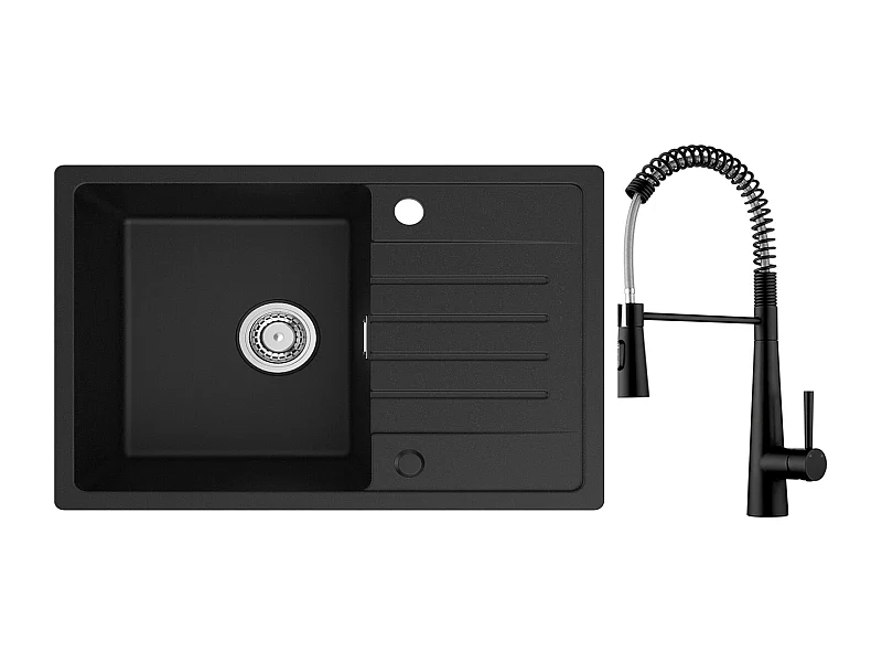Cecipa max 1 spoelbak met afdruiprek, 78x45cm Spoelbak van kwarts en zwarte hars + Spring keukenmengkraan met 3 wateruitlaatmodi, Zwart