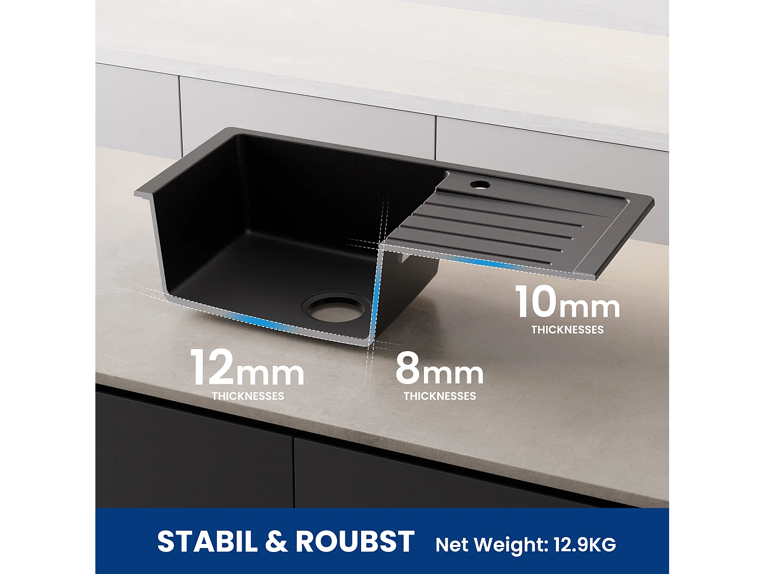 Cecipa max Evier 1 Bac avec Egouttoir, 78x45cm Evier en Quartz et résine Noir + Mitigeur de Cuisine à Ressort avec 3 Modes de Sortie D'eau, Noir