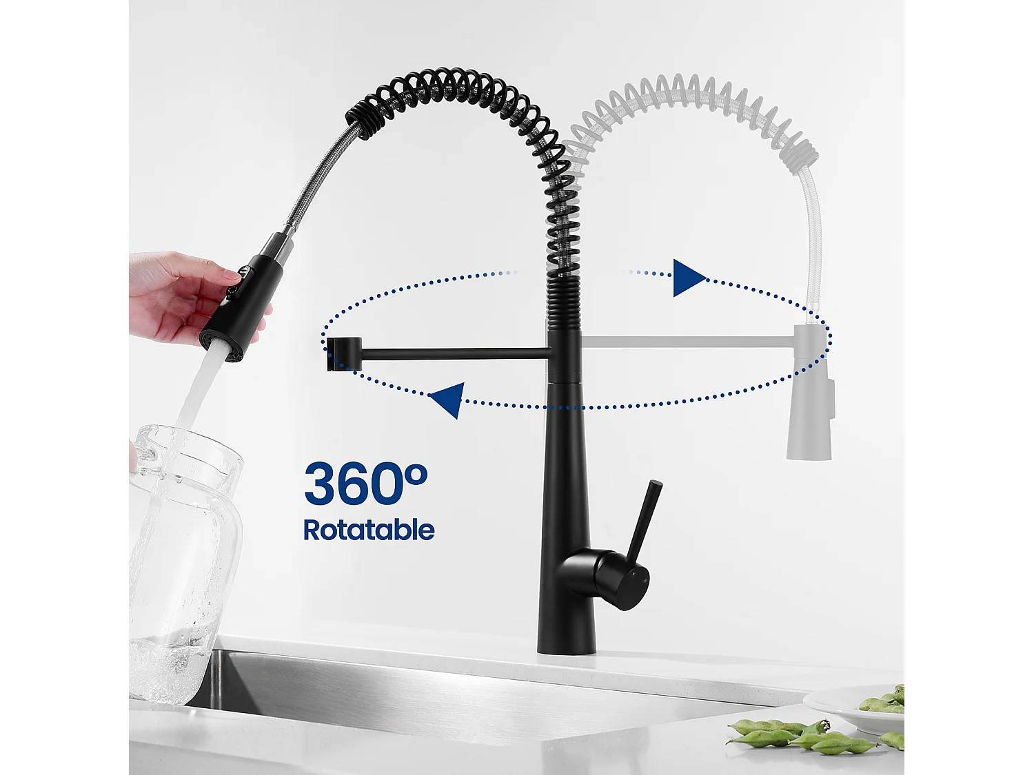 Cecipa max Evier 1 Bac avec Egouttoir, 78x45cm Evier en Quartz et résine Noir + Mitigeur de Cuisine à Ressort avec 3 Modes de Sortie D'eau, Noir