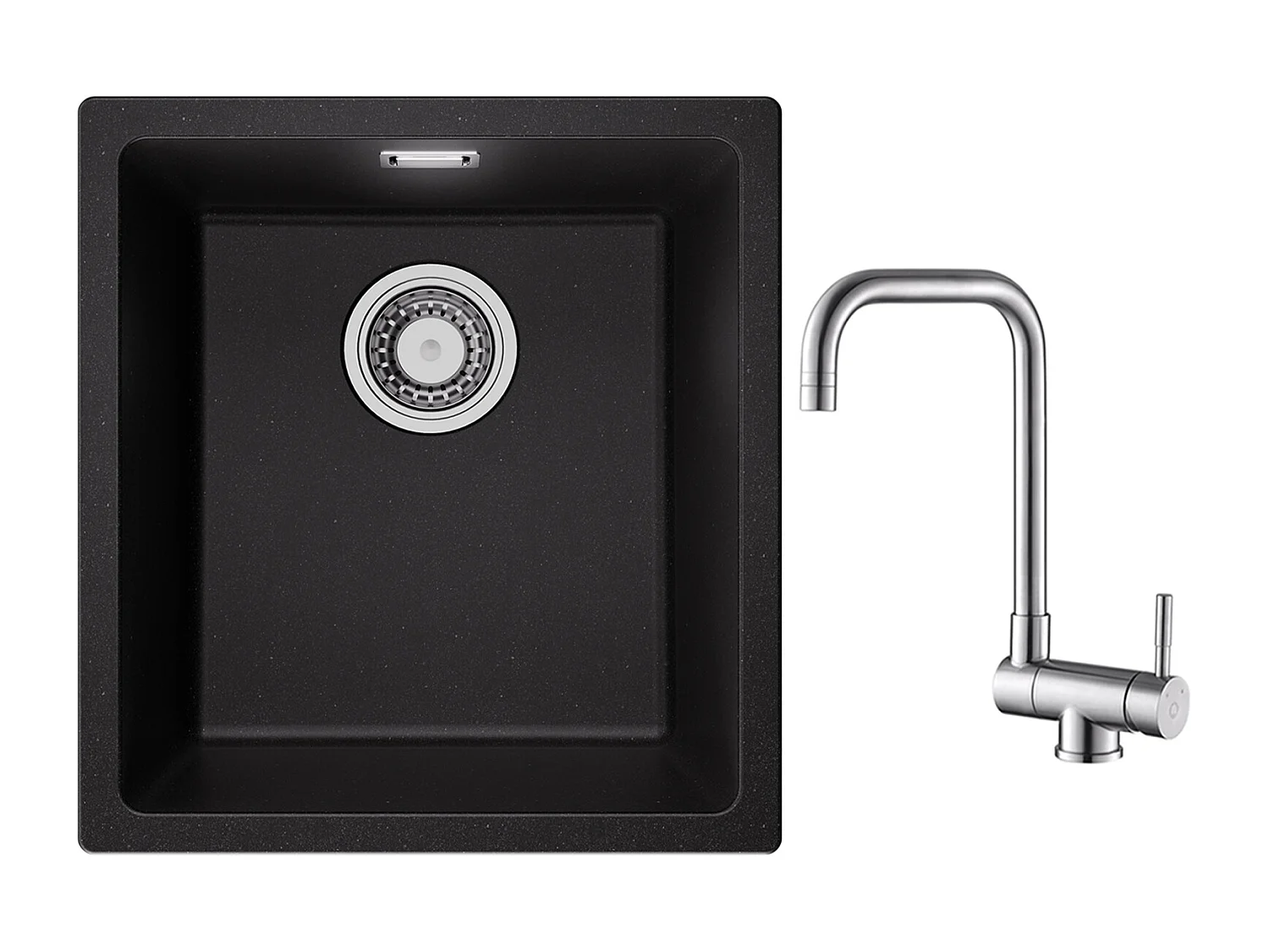 CECIPA MAX Evier 1 Bac en Quartz et Résine Noir Gris 40*44*20cm + Robinet Cuisine Rabattable Mitigeur de Evier Repliable Brossé