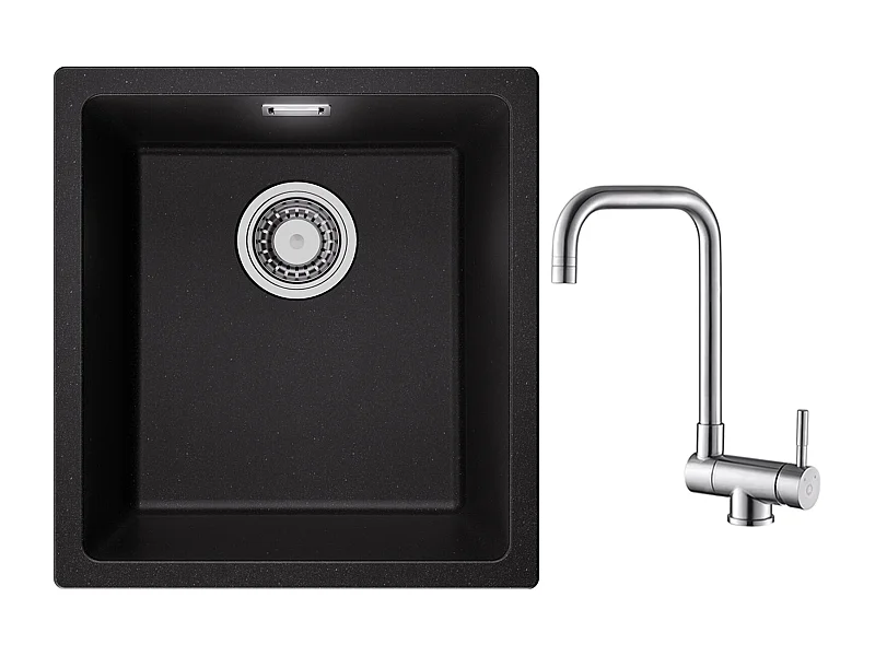 CECIPA MAX Evier 1 Bac en Quartz et Résine Noir Gris 40*44*20cm + Robinet Cuisine Rabattable Mitigeur de Evier Repliable Brossé