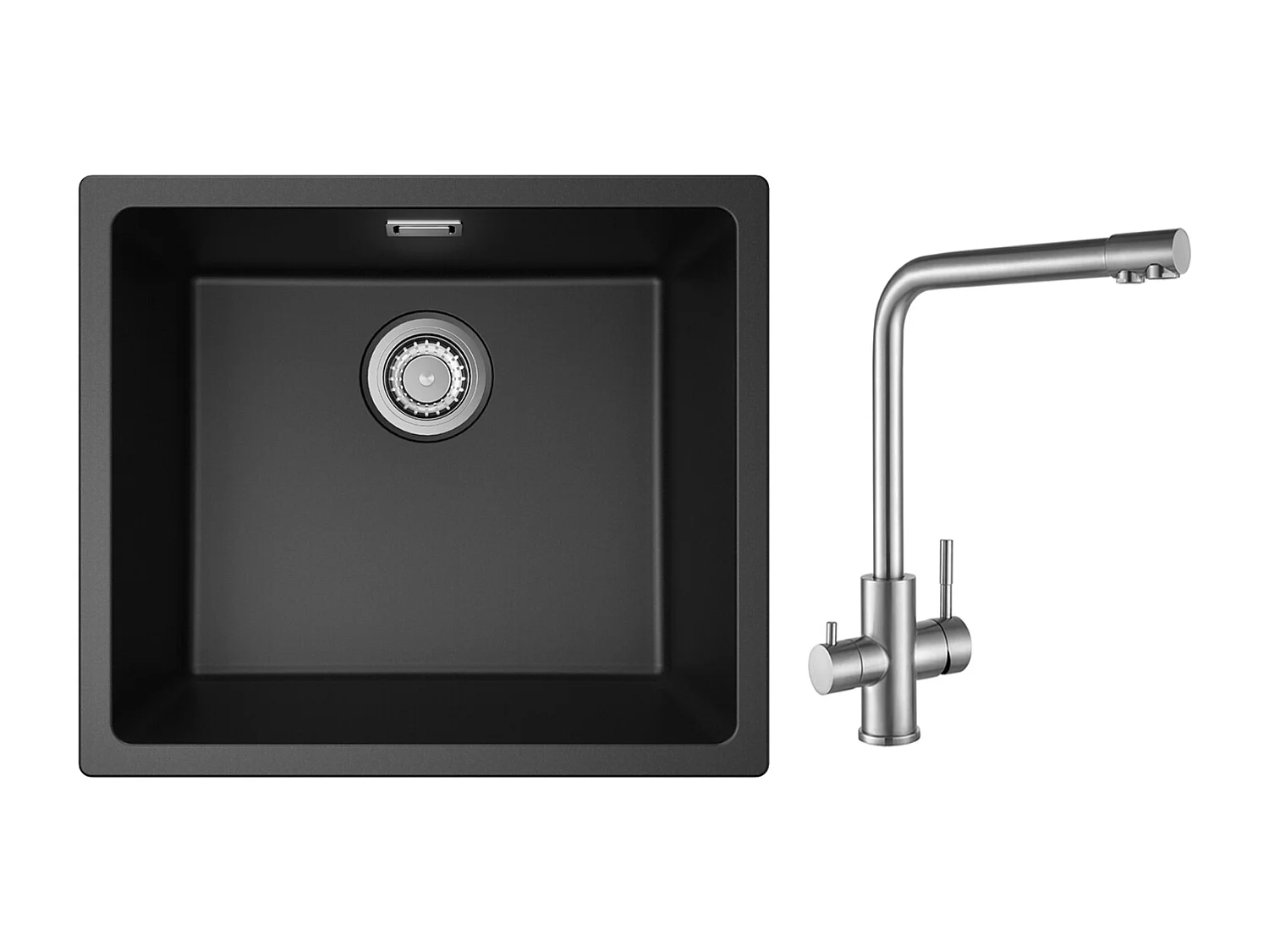 Evier 1 Bac en Quartz et Résine, 3 Options de Montage, 50*44*20cm + Mitigeur Cuisine pour Sstème D'osmose