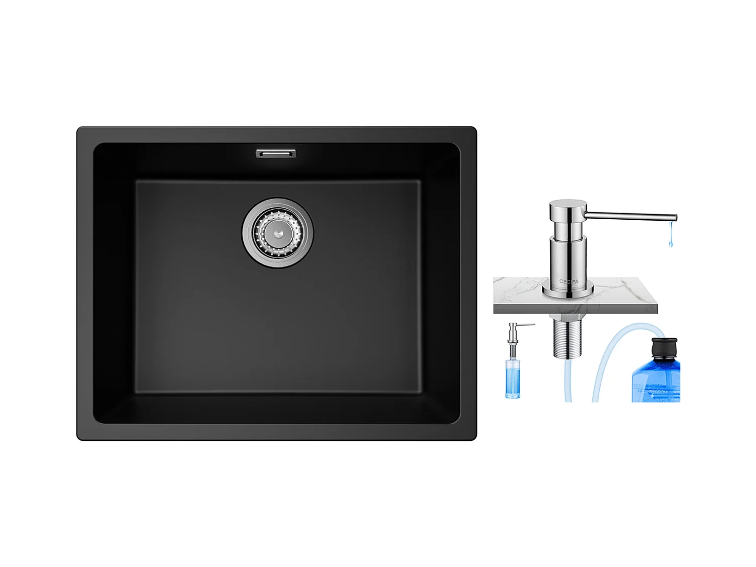 CECIPA MAX 1 wastafel in kwarts en hars, 3 montageopties, 55*44*20cm + 300ML chroom keukenzeepdispenser