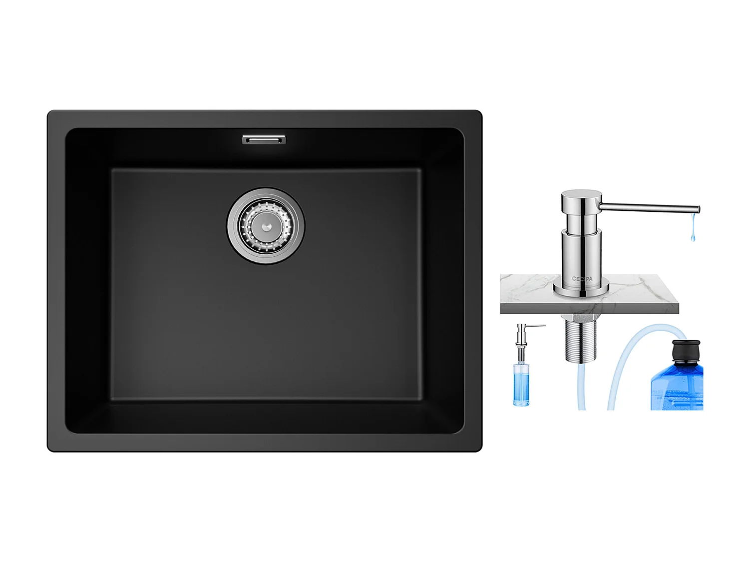 CECIPA MAX Evier 1 Bac en Quartz et Résine, 3 Options de Montage, 55*44*20cm + 300ML Distributeur de Savon de Cuisine Chromé