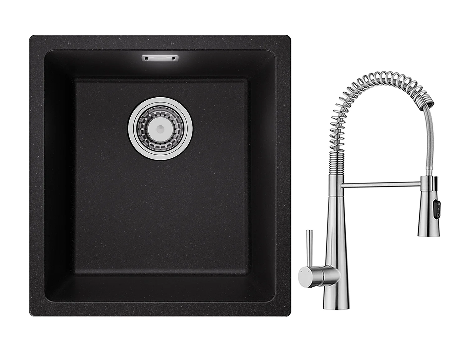 CECIPA MAX Fregadero 1 Seno de Cuarzo y Resina Negro Gris 40*44*20cm + Mezclador de Cocina de Muelle con 3 Modos de Salida de Agua, Cepillado