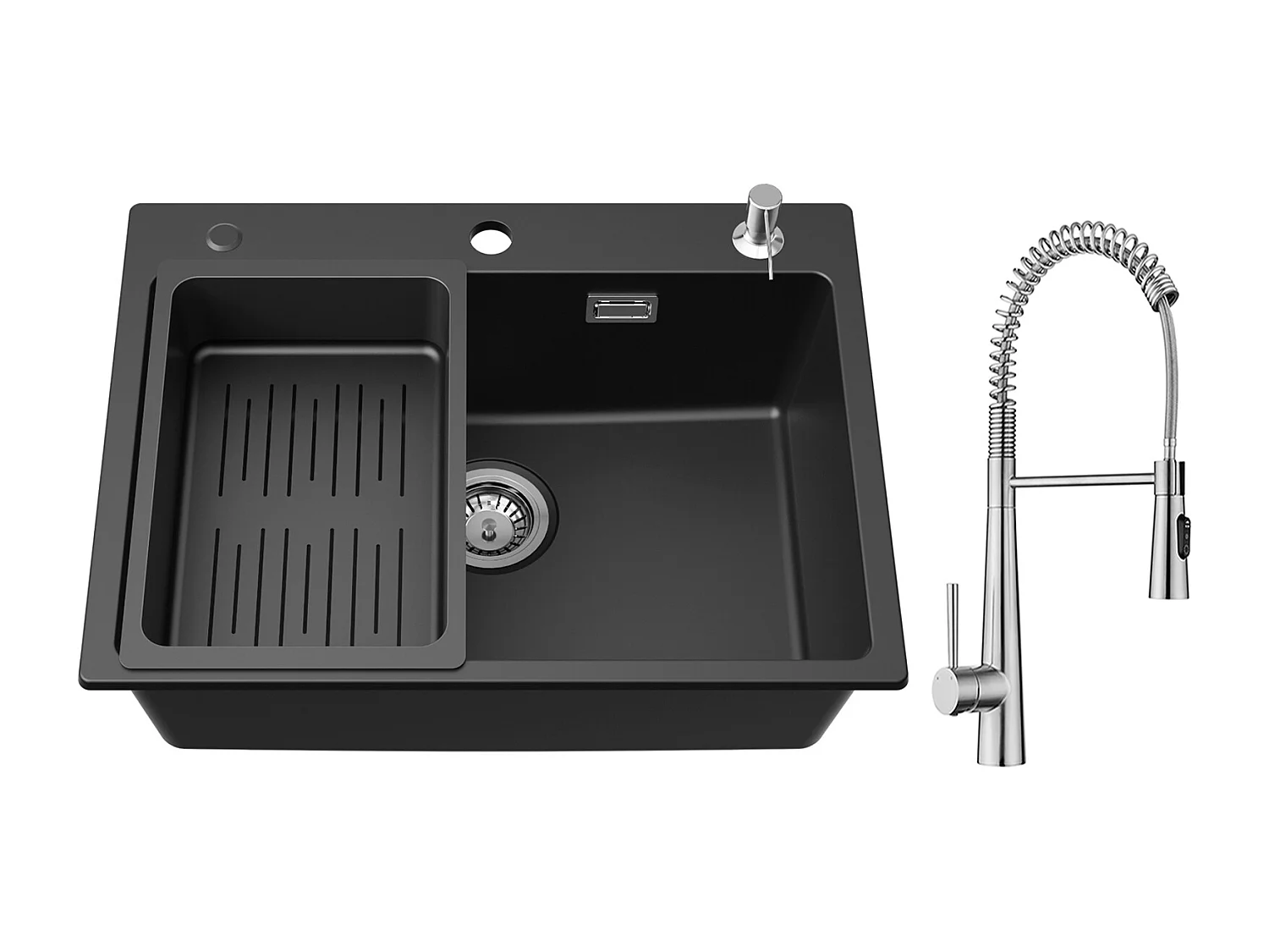 Cecipa max Fregadero de Cuarzo 60*45cm, con Escurridor y Dispensador de Jabón + Grifo de Cocina Monomando de Resorte con 3 Modos de Salida de Agua, Cepillado