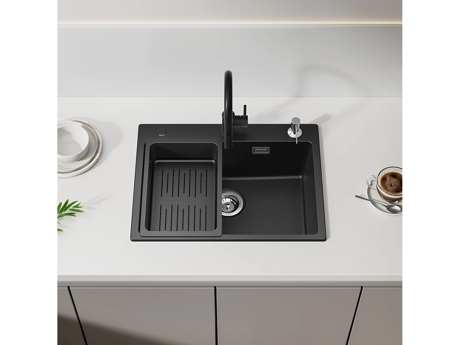 Cecipa max Fregadero de Cuarzo 60*45cm, con Escurridor y Dispensador de Jabón + Grifo de Cocina Monomando de Resorte con 3 Modos de Salida de Agua, Cepillado