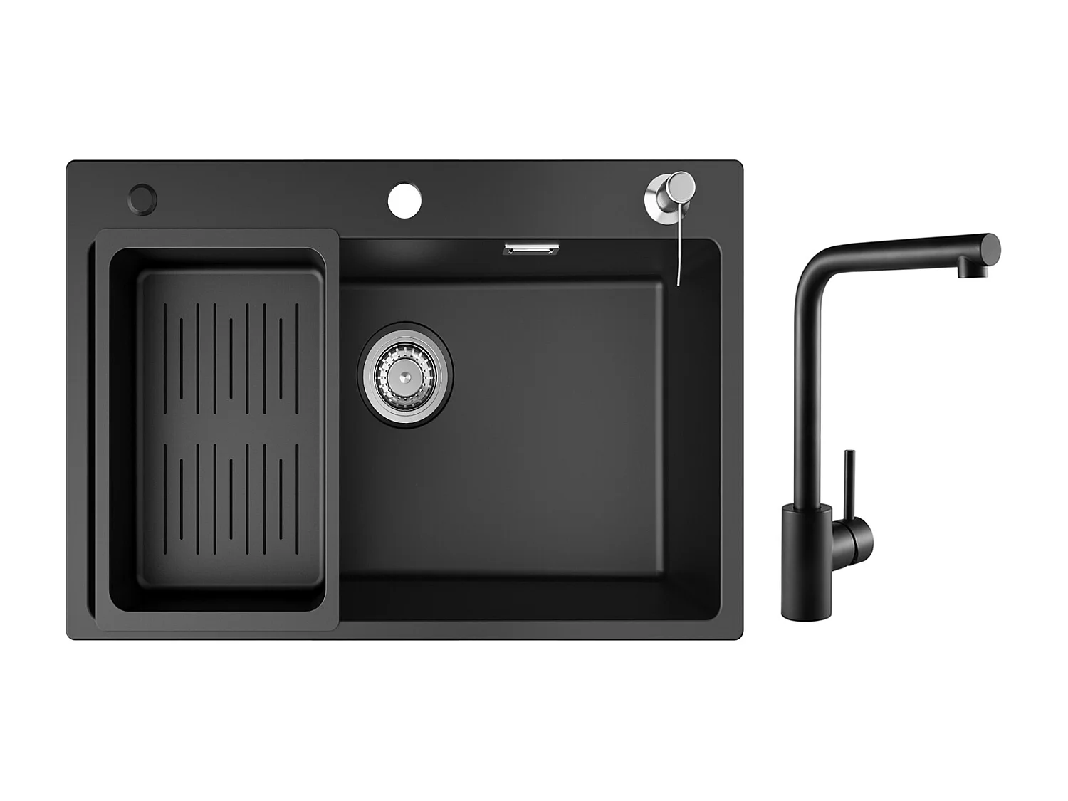 Evier 1 Bac 70x45cm Noir Evier en Quartz avec Panier de Vidange et Distributeur de Savon + Mitigeur de Evier Noir Rrotatif à 360 °