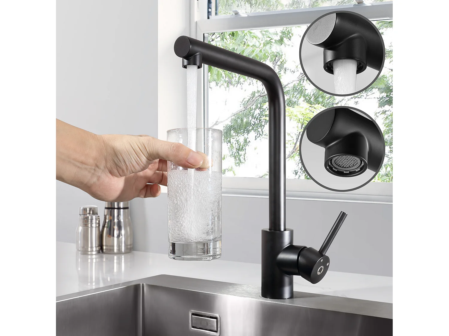 Evier 1 Bac 70x45cm Noir Evier en Quartz avec Panier de Vidange et Distributeur de Savon + Mitigeur de Evier Noir Rrotatif à 360 °