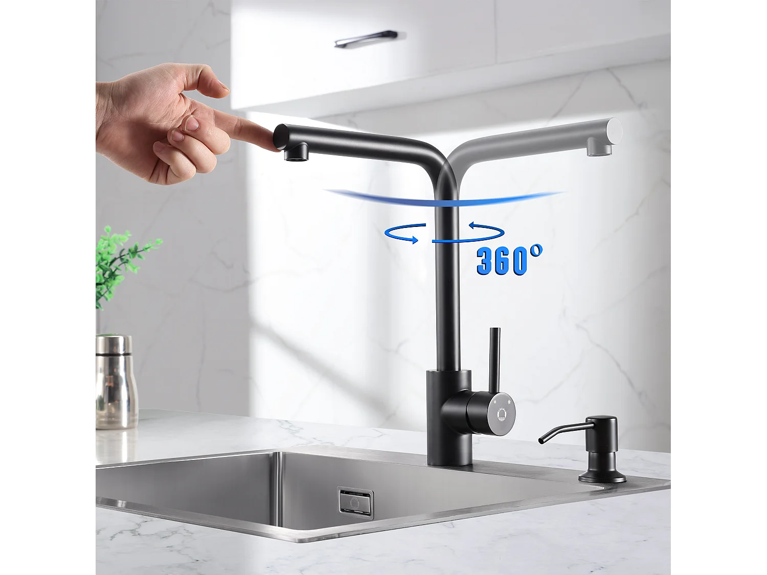 Evier 1 Bac 70x45cm Noir Evier en Quartz avec Panier de Vidange et Distributeur de Savon + Mitigeur de Evier Noir Rrotatif à 360 °
