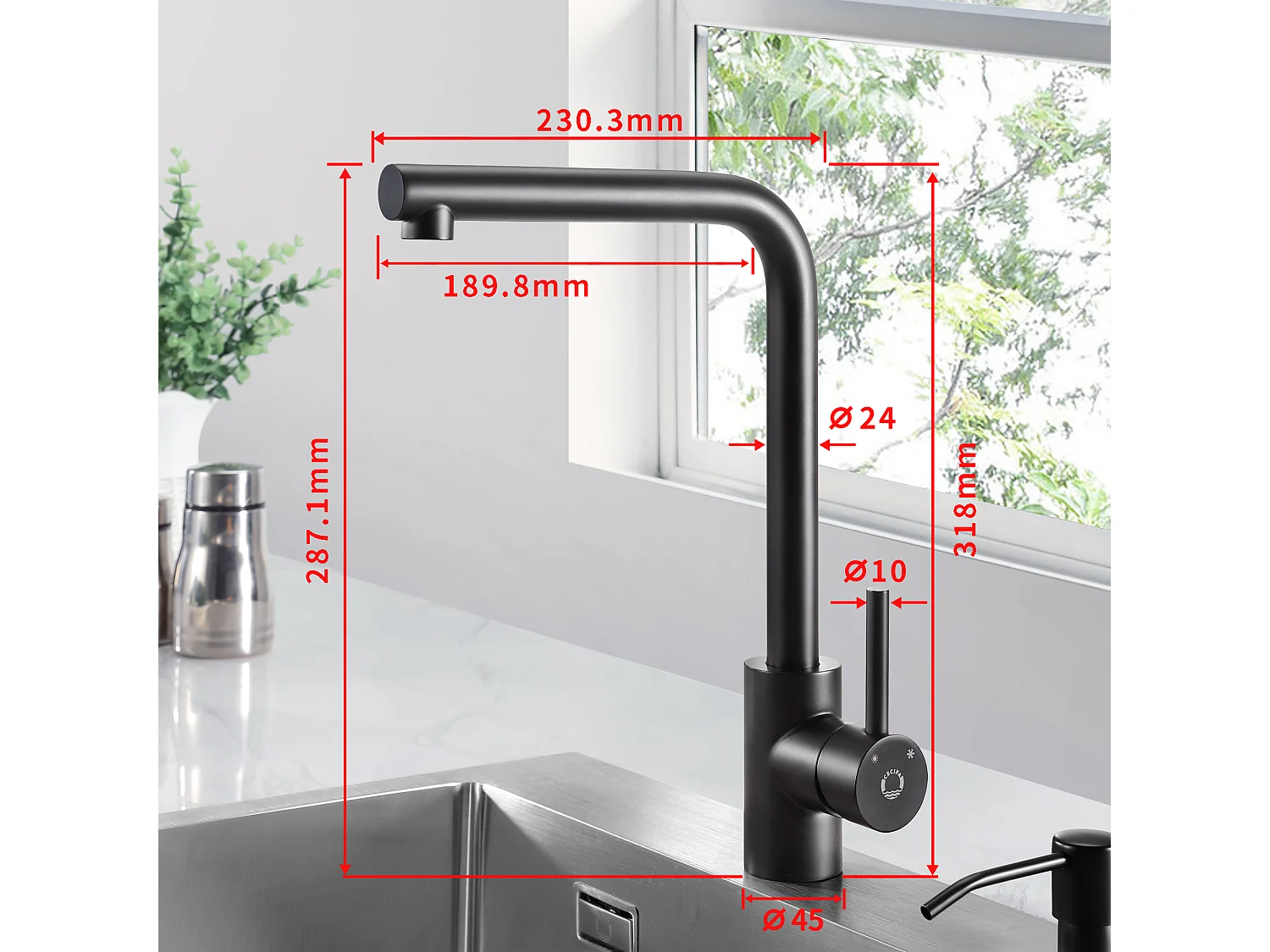 Evier 1 Bac 70x45cm Noir Evier en Quartz avec Panier de Vidange et Distributeur de Savon + Mitigeur de Evier Noir Rrotatif à 360 °