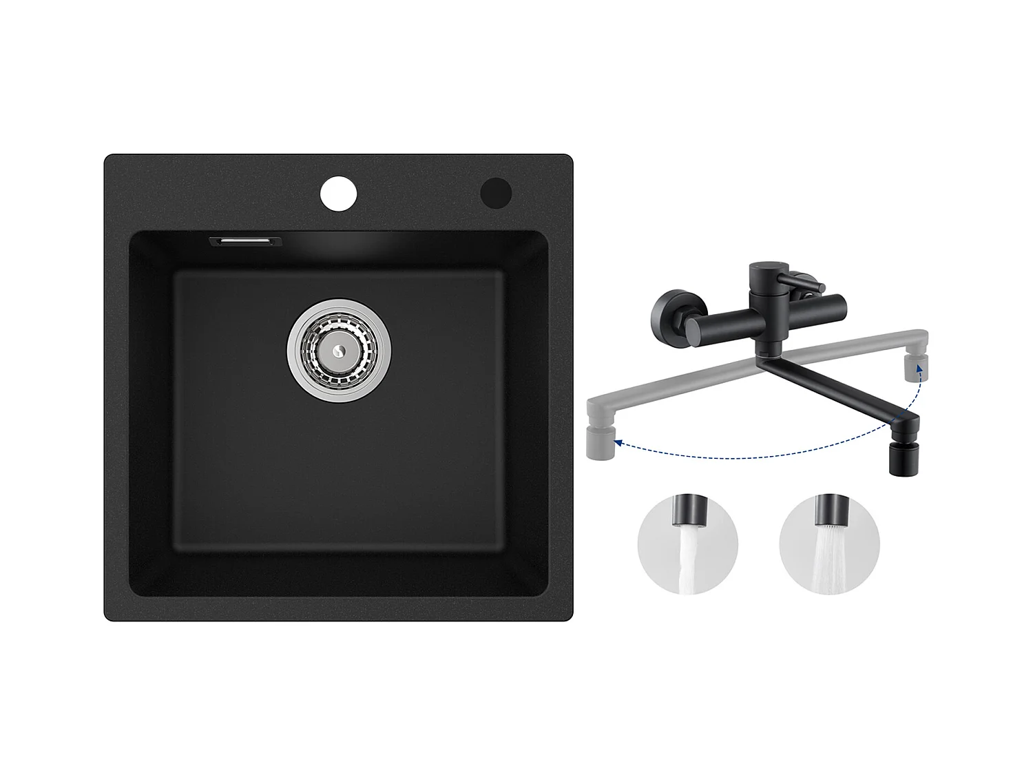 Cecipa MAX Lavello 1 Vasca in Quarzo e Resina Nera 45x45cm Lavello Incasso + Miscelatore Cucina a Parete con 2 Getti Nero