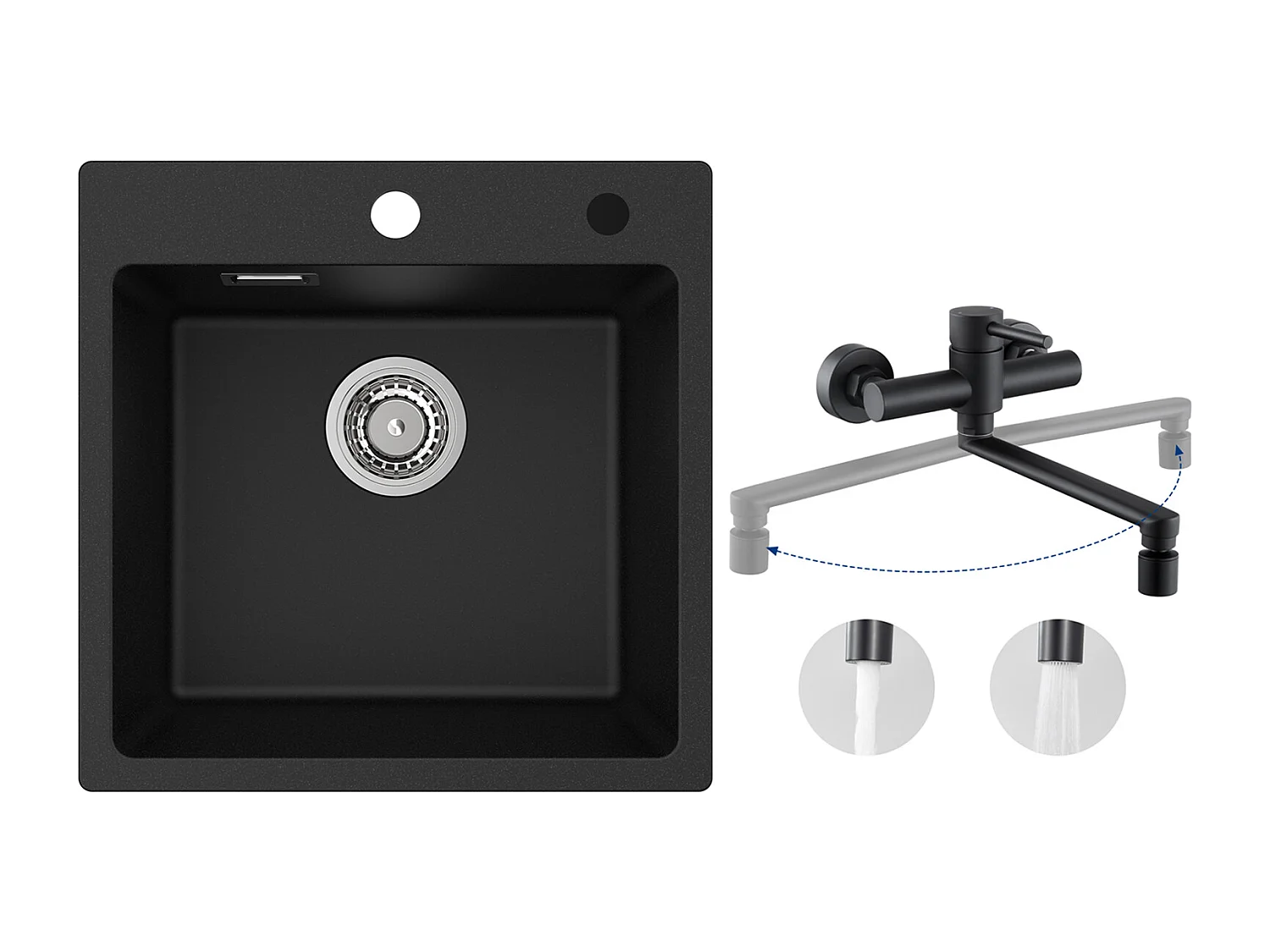 Cecipa MAX Evier 1 Bac en Quartz et Résine Noir 45x45cm Evier à Encastrer + Mitigeur de Cuisine Mural avec 2 Jets Noir